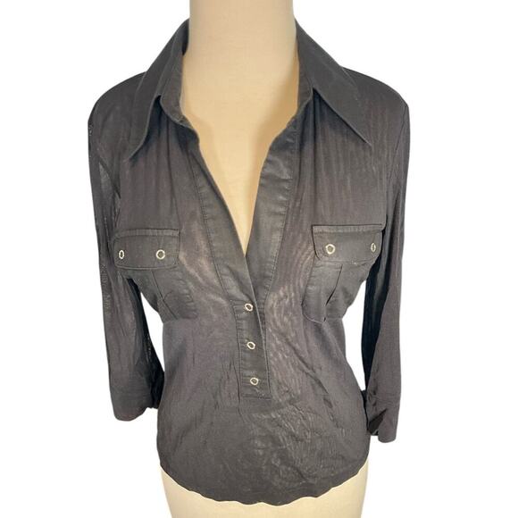 INC Sheer 3/4 Sleeve V-Neck 3/4 Button Black Stretch Colored Large Work Wear - Picture 5 of 9